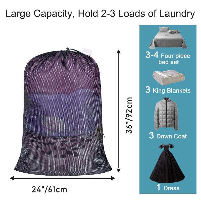 Polecasa Heavy Duty Extra Large Mesh Laundry Bags with ID Tag and Locking Drawstring Closure - 2 Pack, 30 x 36 inches - Laundry Hamper Liner, Washable Laundry Bag for Travel, Sports, Dorms (Black) - Image 2